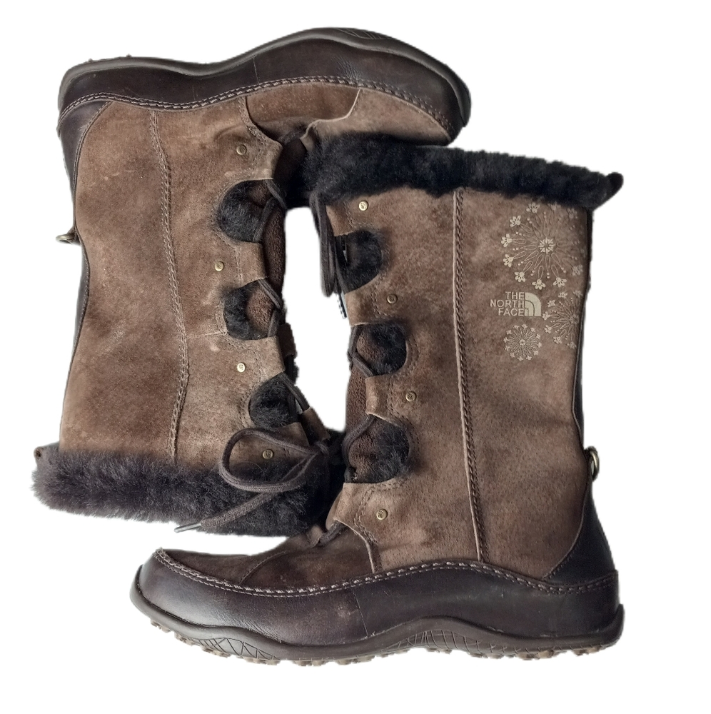 The North Face Primaloft Abby Sz 8 Boots Brown Suede Lace-up Fur EUC